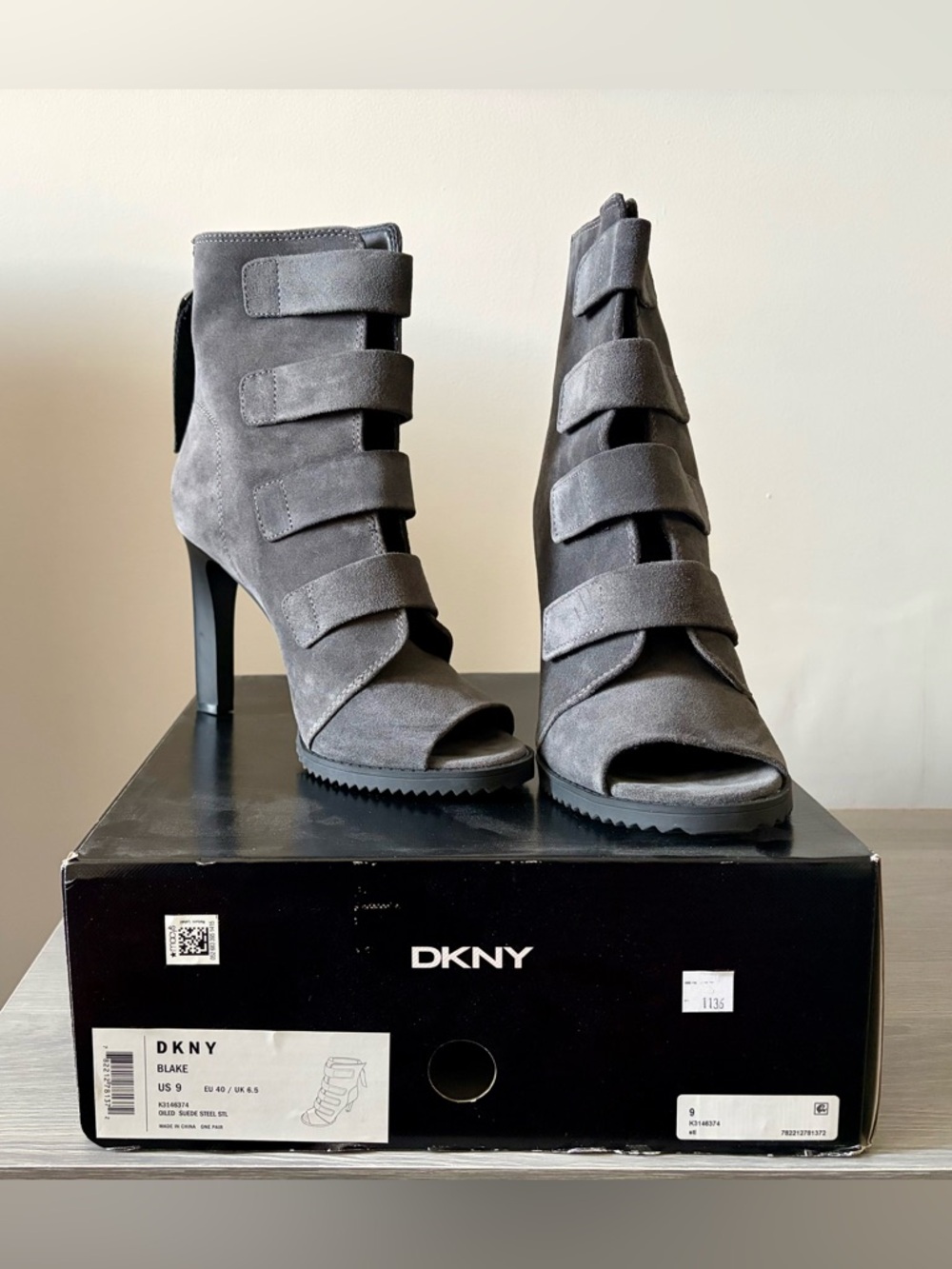 DKNY Gray Suede Strappy Peep-Toe Ankle Booties
